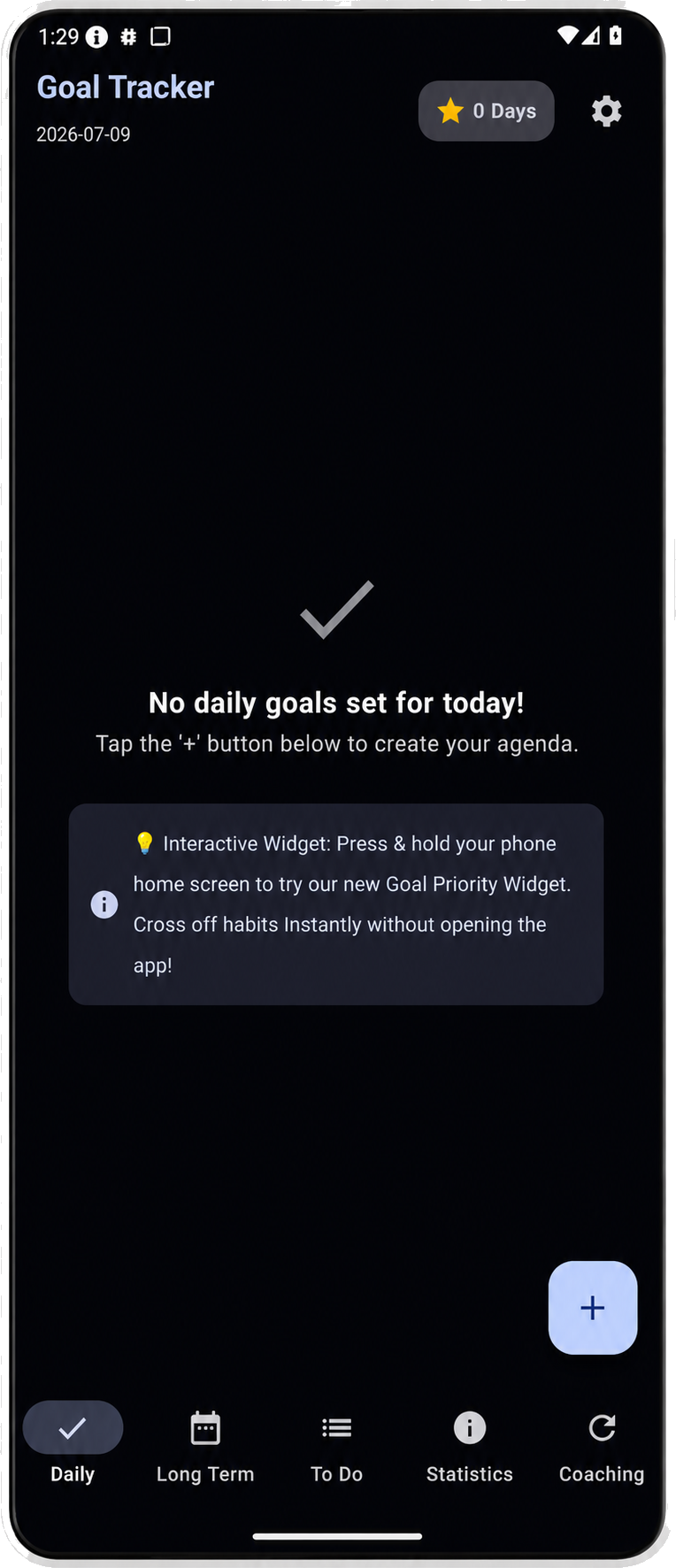 Easy Goal Tracker empty daily goals screen