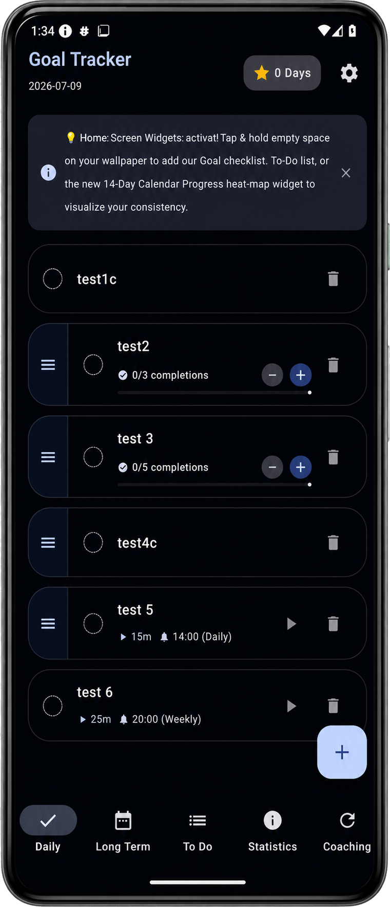Daily goals list screen