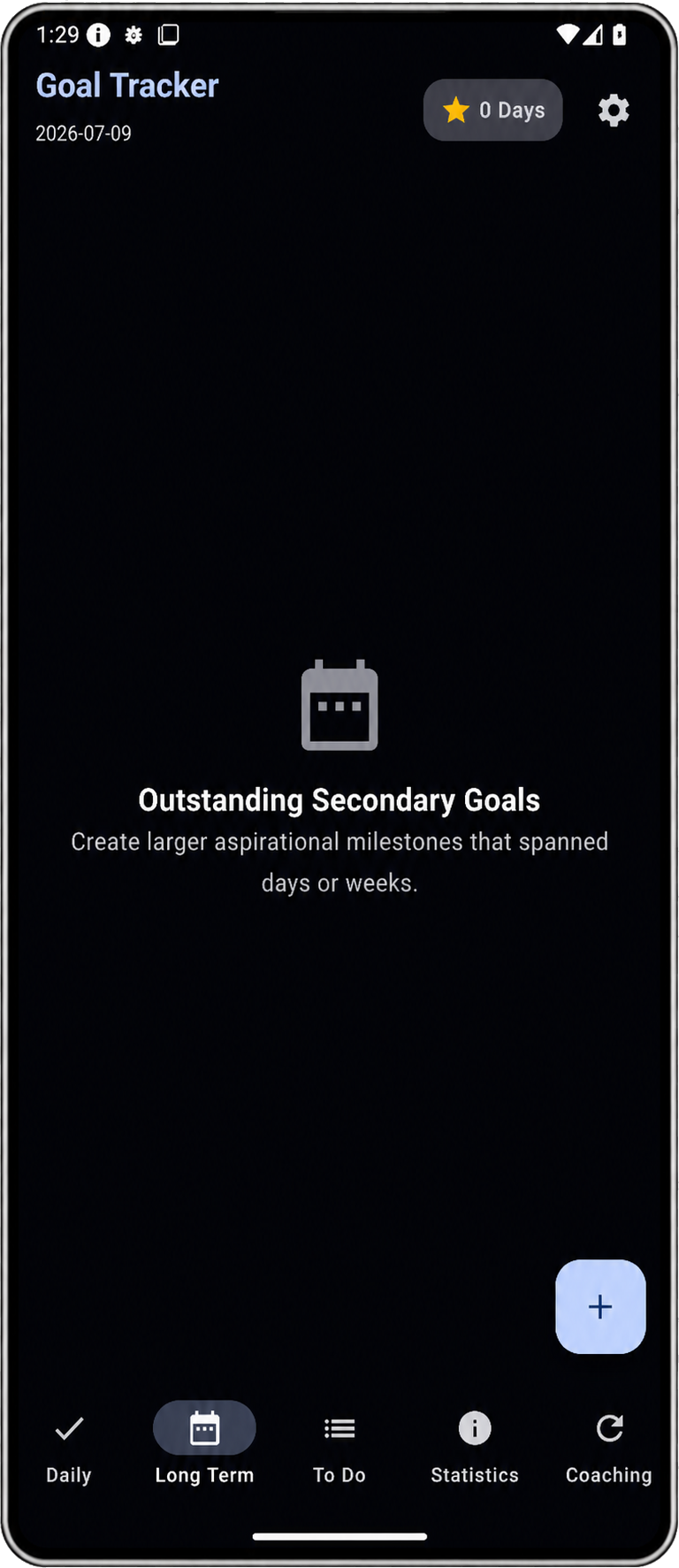 Easy Goal Tracker long-term goals empty state